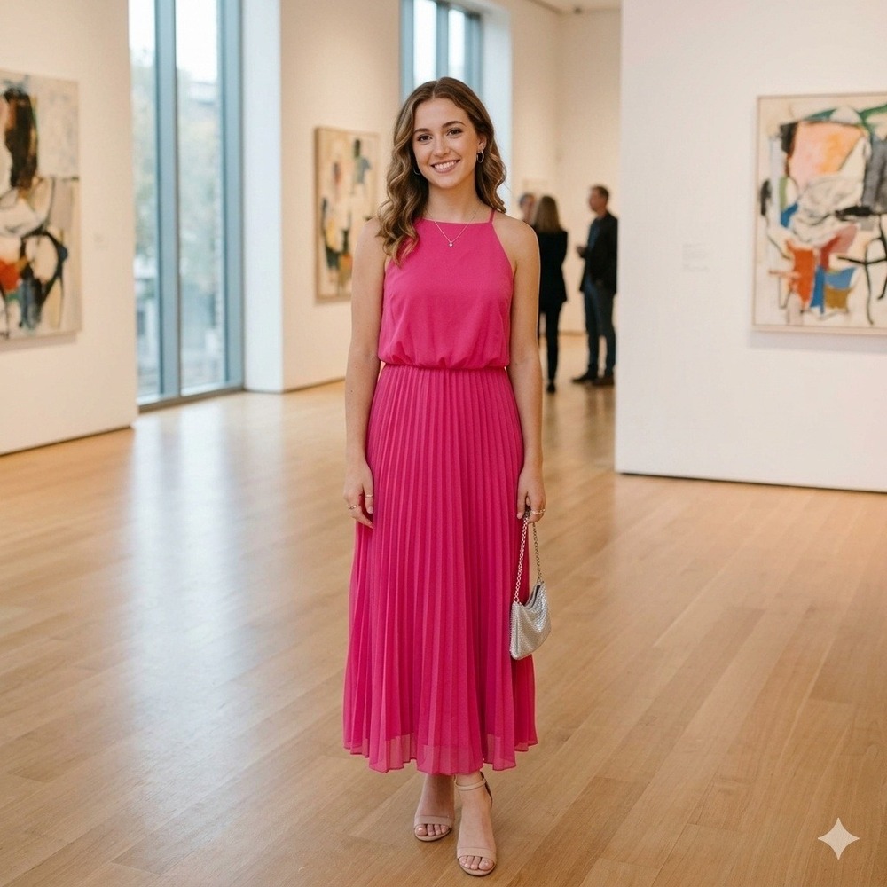 Sam Edelman Maxi Dress Women S Pink Elegant Pleated Halter Neck Blouson Gown